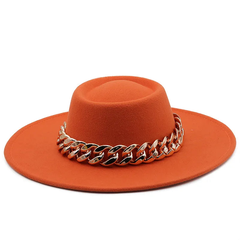 New Retro Ethnic Style 9.5 Brim Wool Woolen Felt Hat Concave Top Men's And Women's Top Hat Large Brim Thick Gold Chain Hat