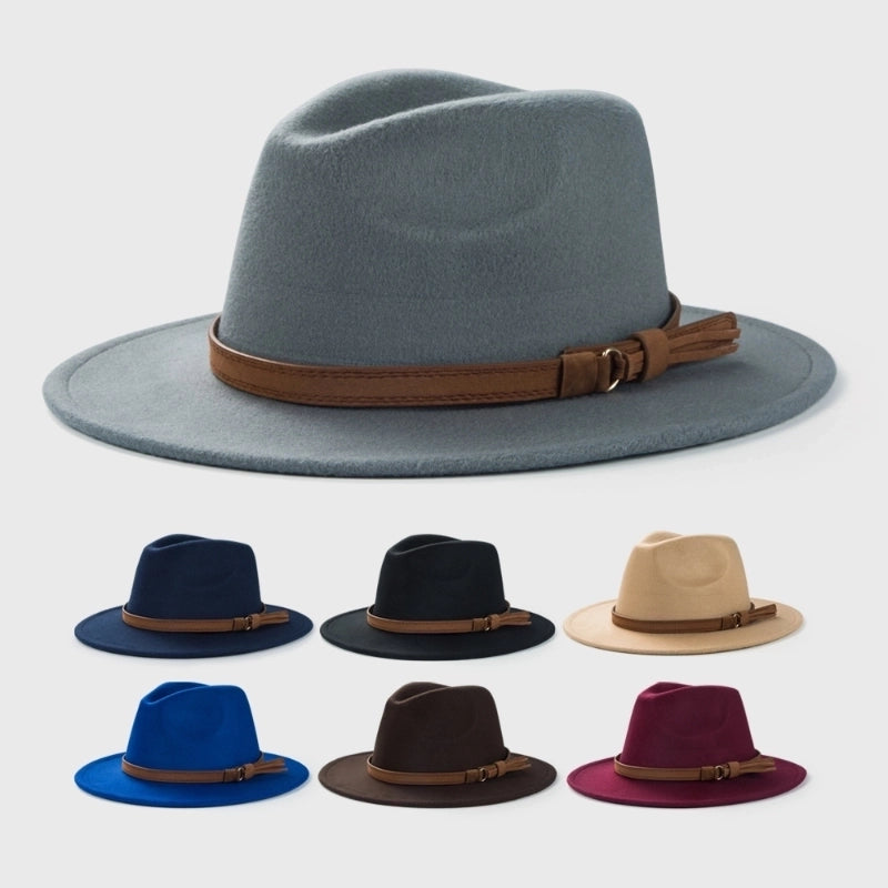 Retro Woolen Hat Belt Accessories Top Hat Simple Big Brim Jazz Hat