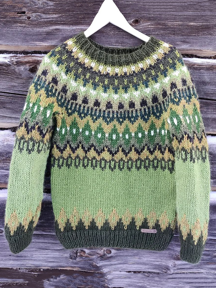 Vingate Geometric Green Iceland Jacquard Knitted Pullover Sweater