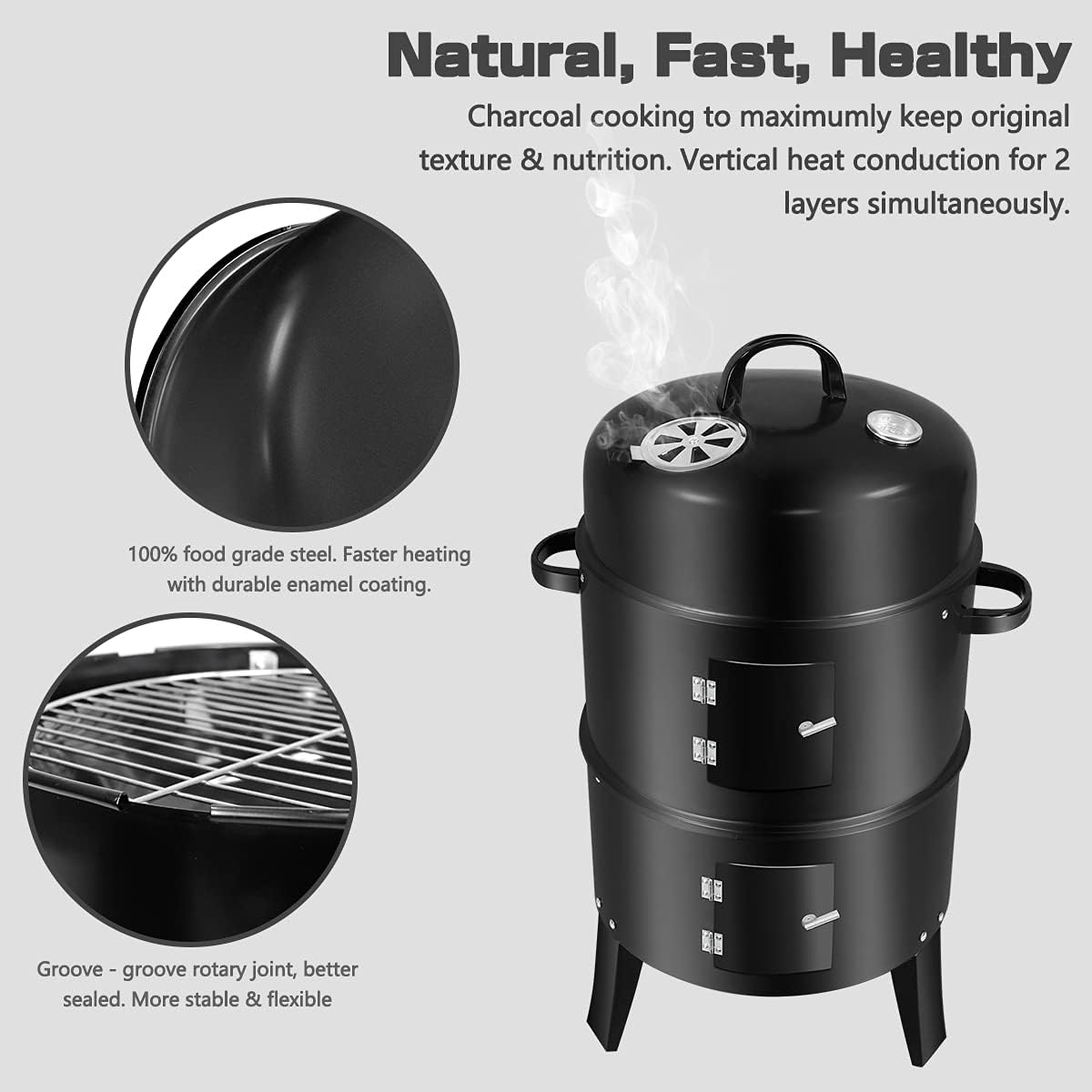 3 In 1 Vertical Charcoal Smoker. 16 inches Separable BBQ Smoker Grill Combo With Built-In Thermometer & Easy TEMP Adjustable Vent For Outdoor Cooking