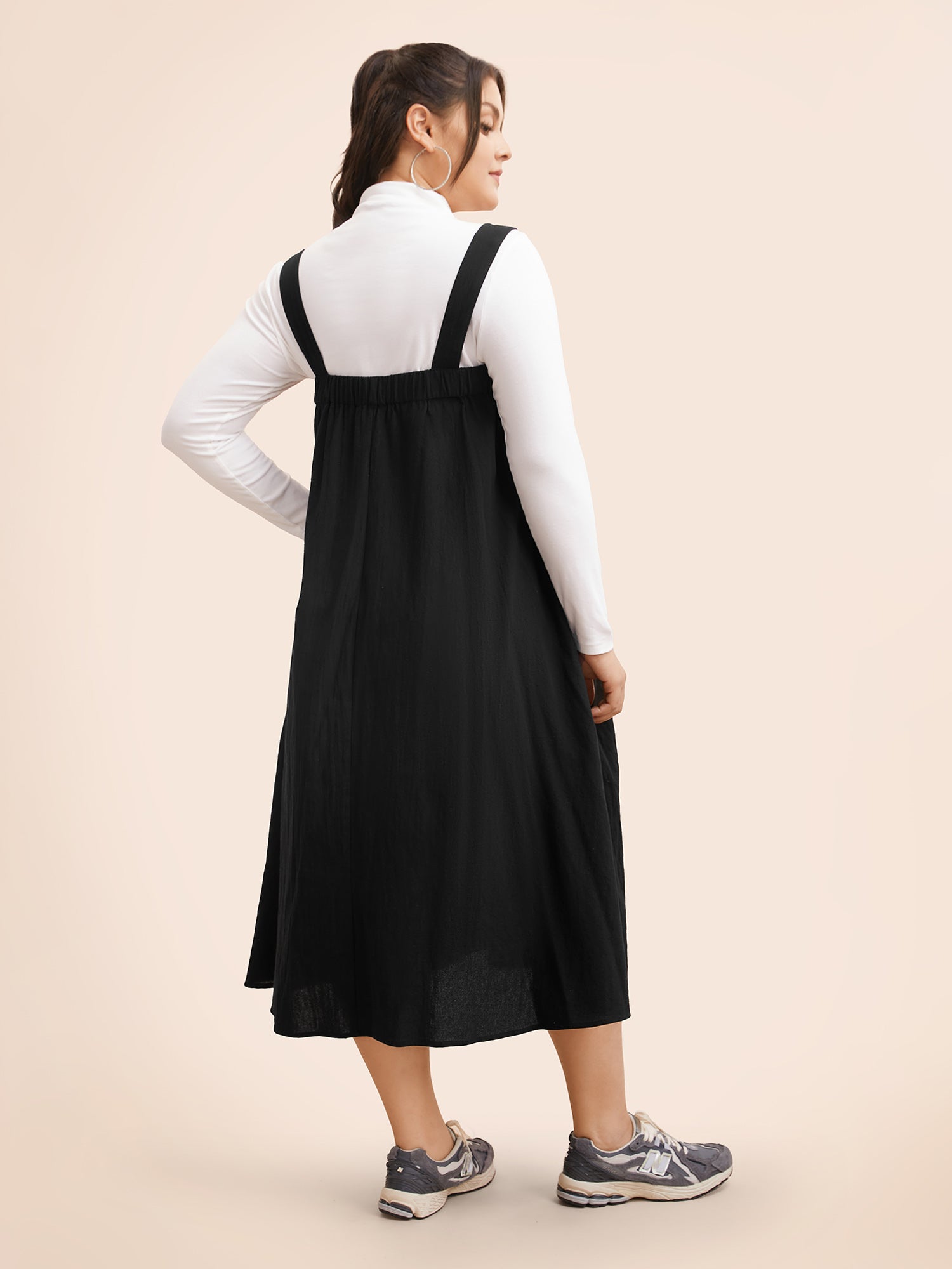Solid Gathered Adjustable Straps Overall Dress