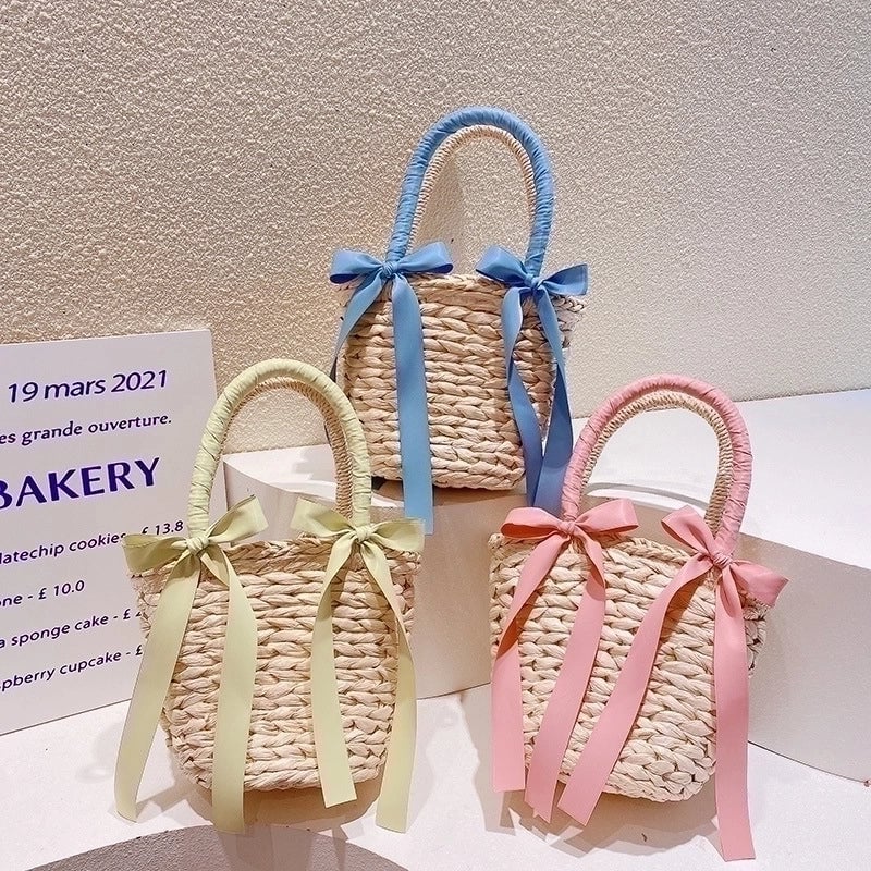 Women's Small Nylon Bow Knot Vintage Style Bucket Open Straw Bag