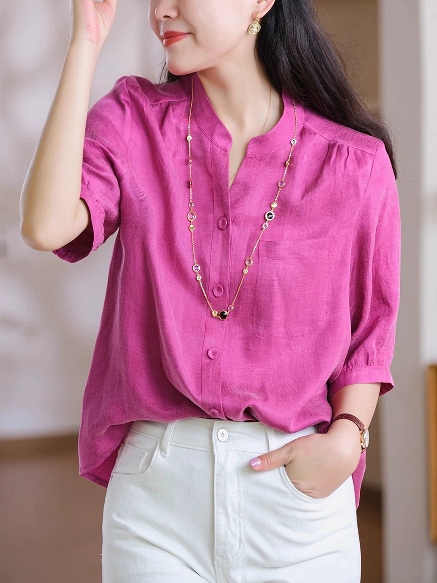 Women Summer Casual Pure Color Pocket V-Neck Shirt