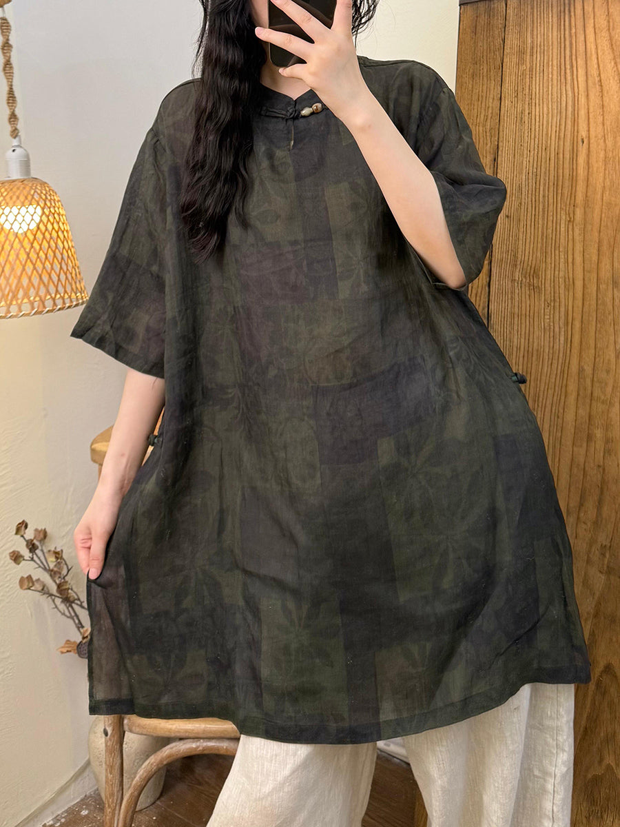 Women Summer Retro Flower Ramie Stand Collar Long Shirt