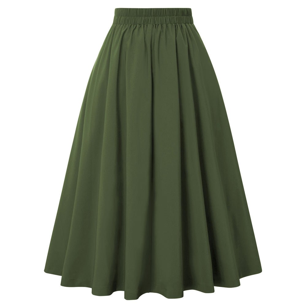 Leaf Patterns Pleated Buttons Decorated Elastic Waist High Waist Swing A-Line Skirt with Pockets