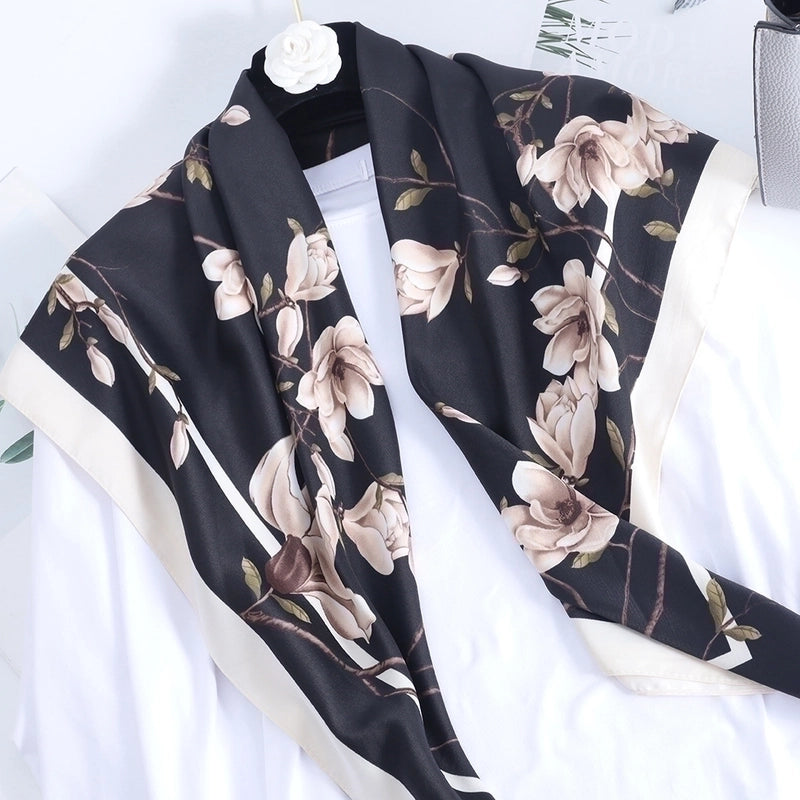 Women's Basic Minimalist Color Block Flower Satin Silk Scarf