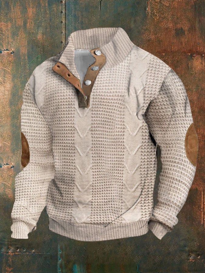 Men's Texture Printed Standing Collar Button Casual Sweatshirt