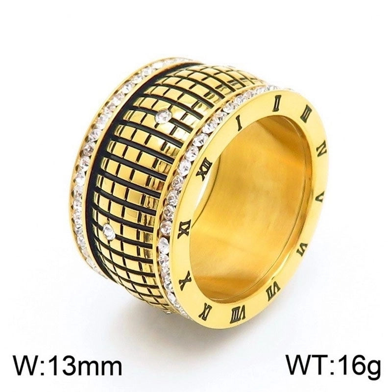 Lady Roman Numeral Titanium Steel Rhinestones 18K Gold Plated Inlay Rings