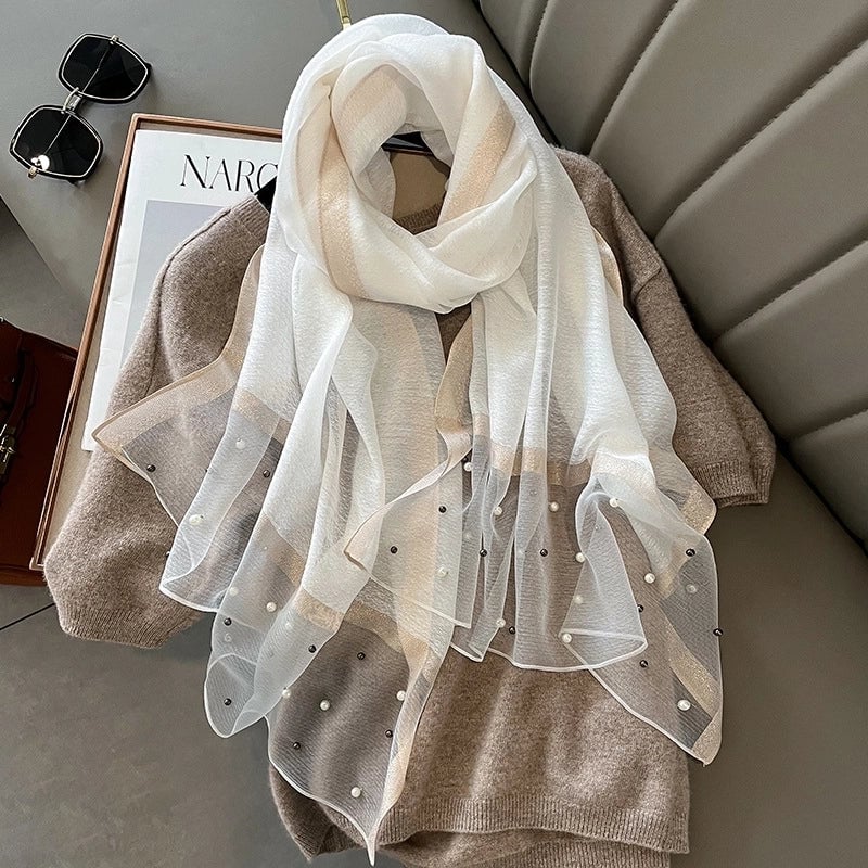 Women's Minimalist Color Block Satin Pearl Silk Scarf