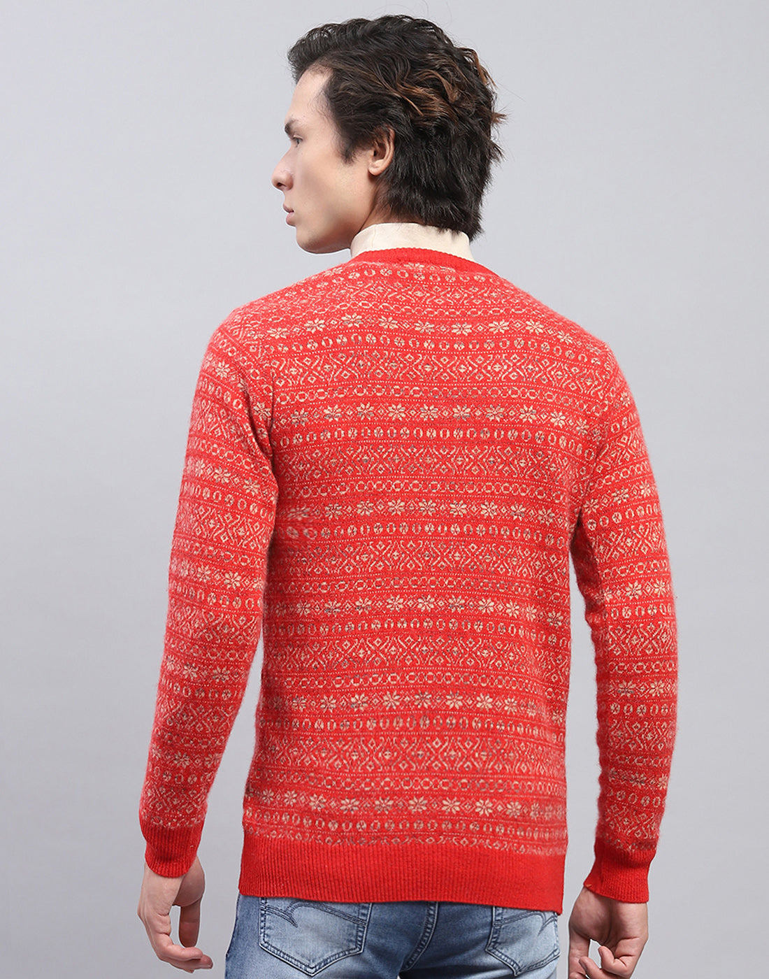 Men Red Self Design V Neck Full Sleeve Pullover