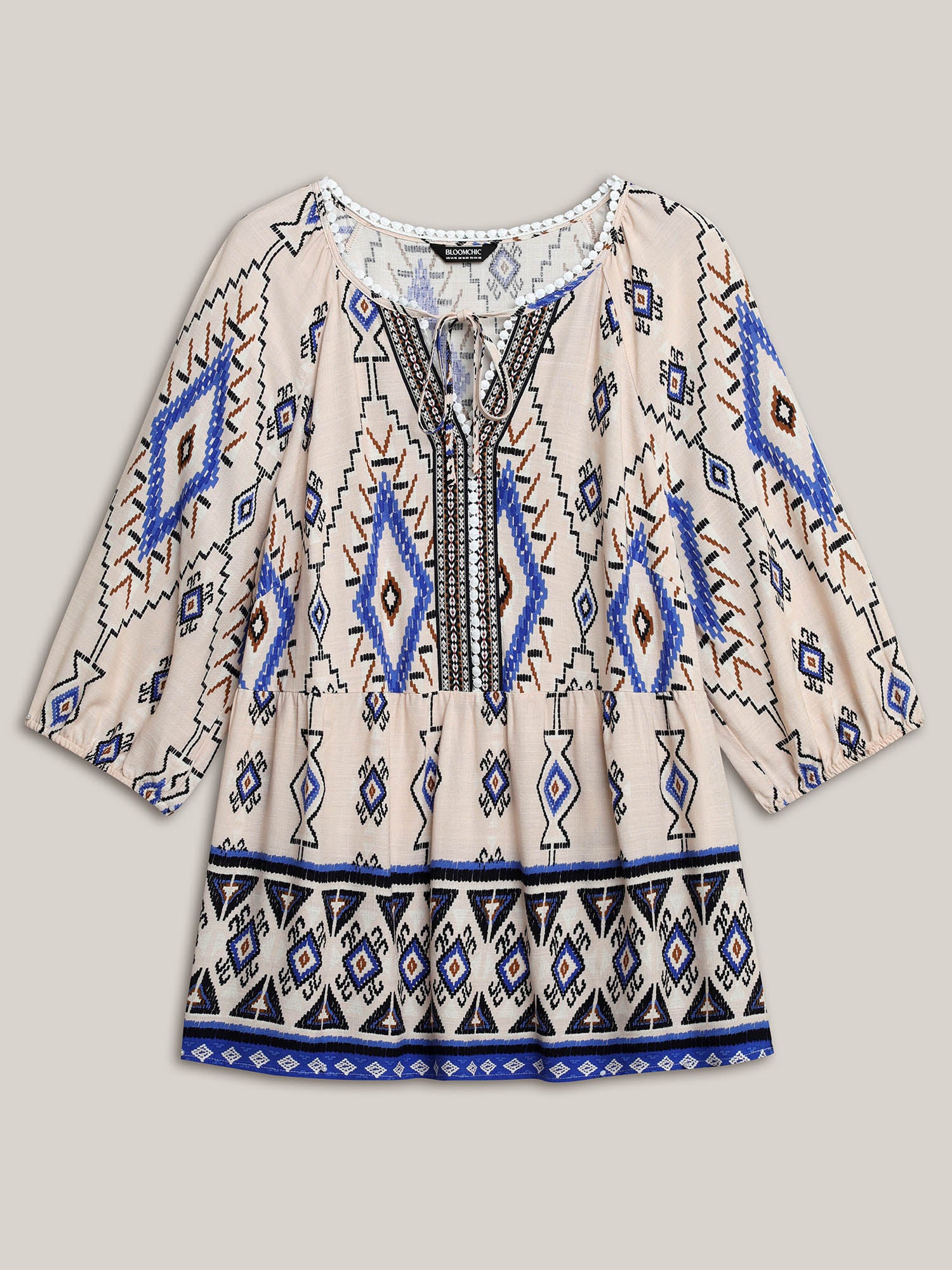 Boho Print Lace Detail Neck Tie Blouse