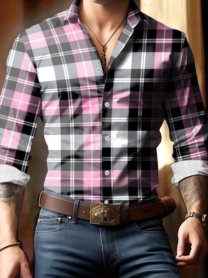 Men's Check Pattern Print Business Shirt