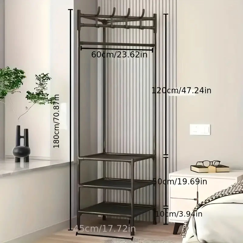 1pc Corner Coat Rack. Free Standing Coat Rack. With 3 Layers Storage Shelves And 4 Double Hooks. Living Room. Bathroom. Hallway Shoe Rack Organizer