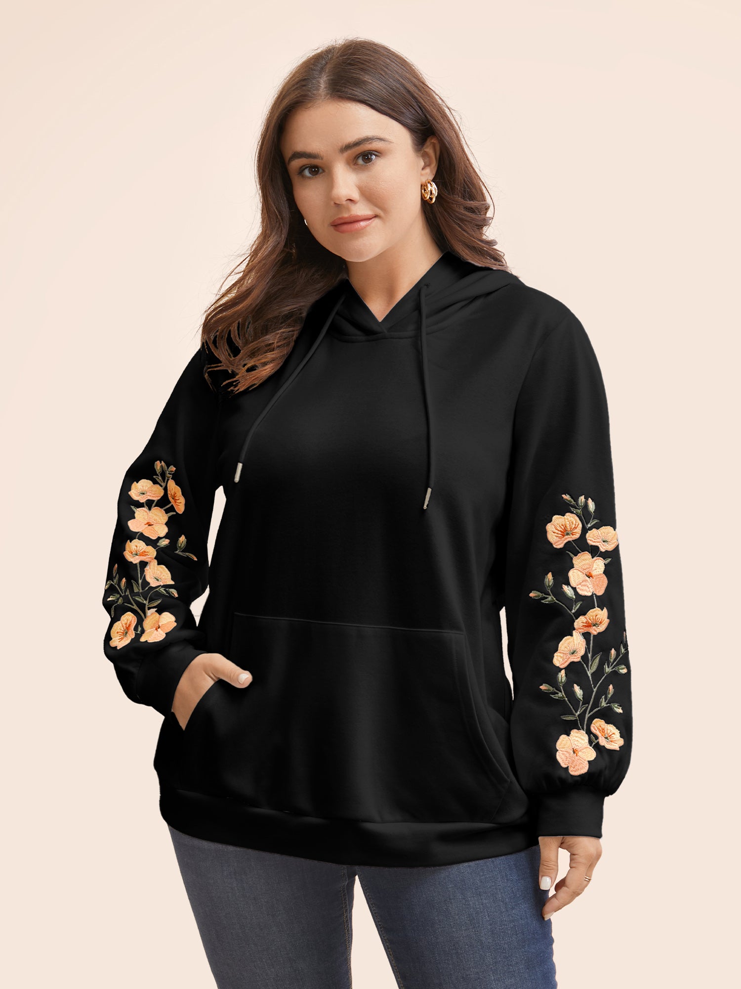 Floral Embroidered Hooded Drawstring Sweatshirt