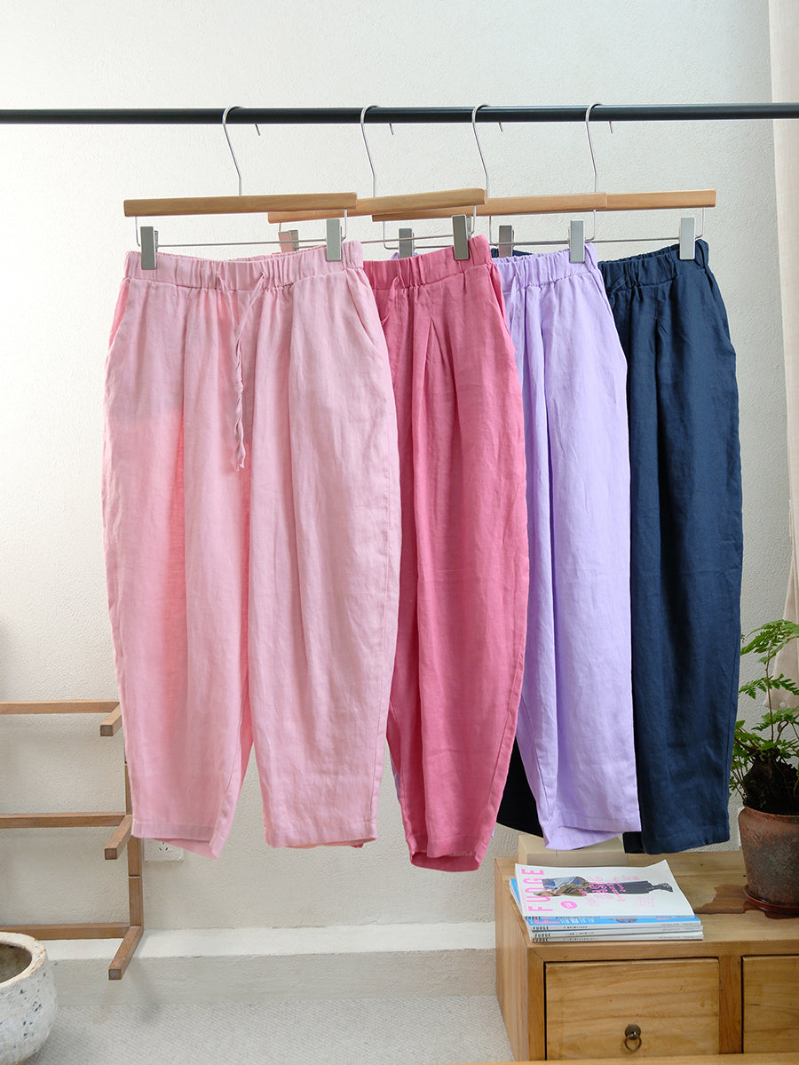 Women Summer Vintage Pure Color Linen Harem Pants