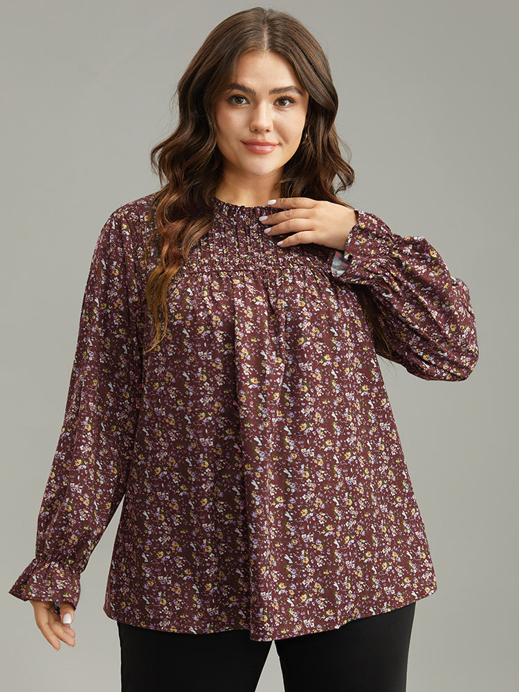 Ditsy Floral Stand Collar Pleated Blouse