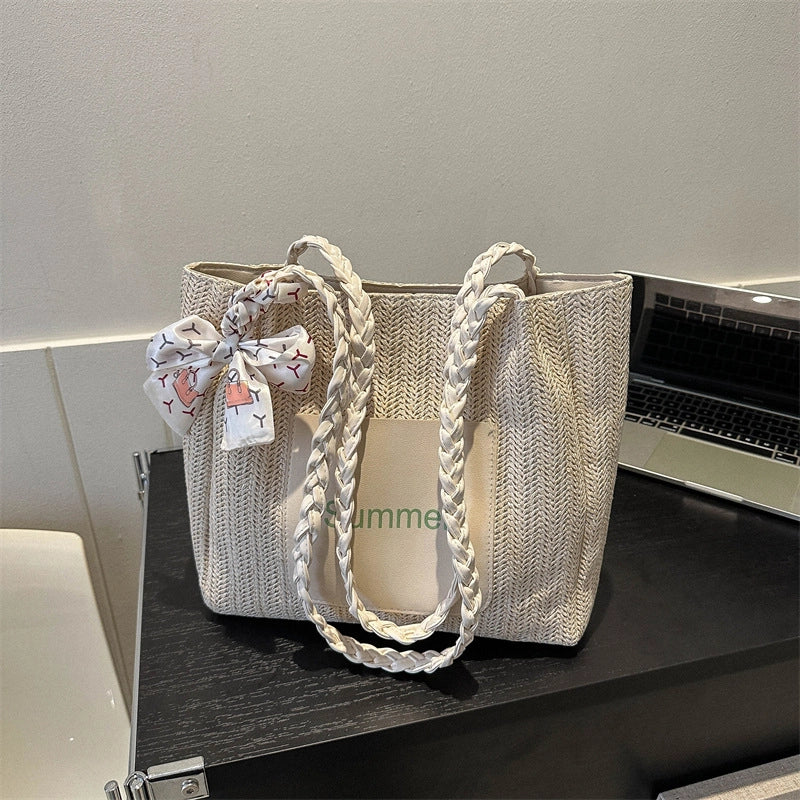 Women's Medium Straw Letter Color Block Vacation Beach Zipper Tote Bag