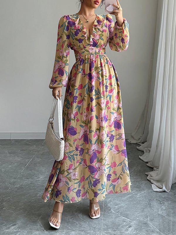 A-Line Long Sleeves Contrast Color Elasticity Flower Print Pleated Ruffle Trim V-Neck Maxi Dresses