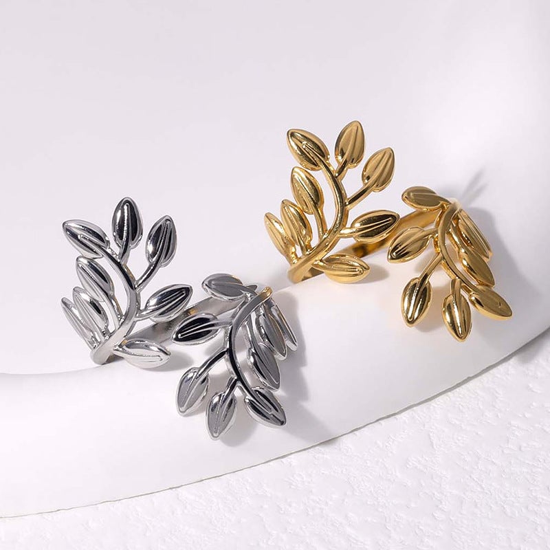 Natural Open Ring Leaf Stainless Steel Electroplating Rings