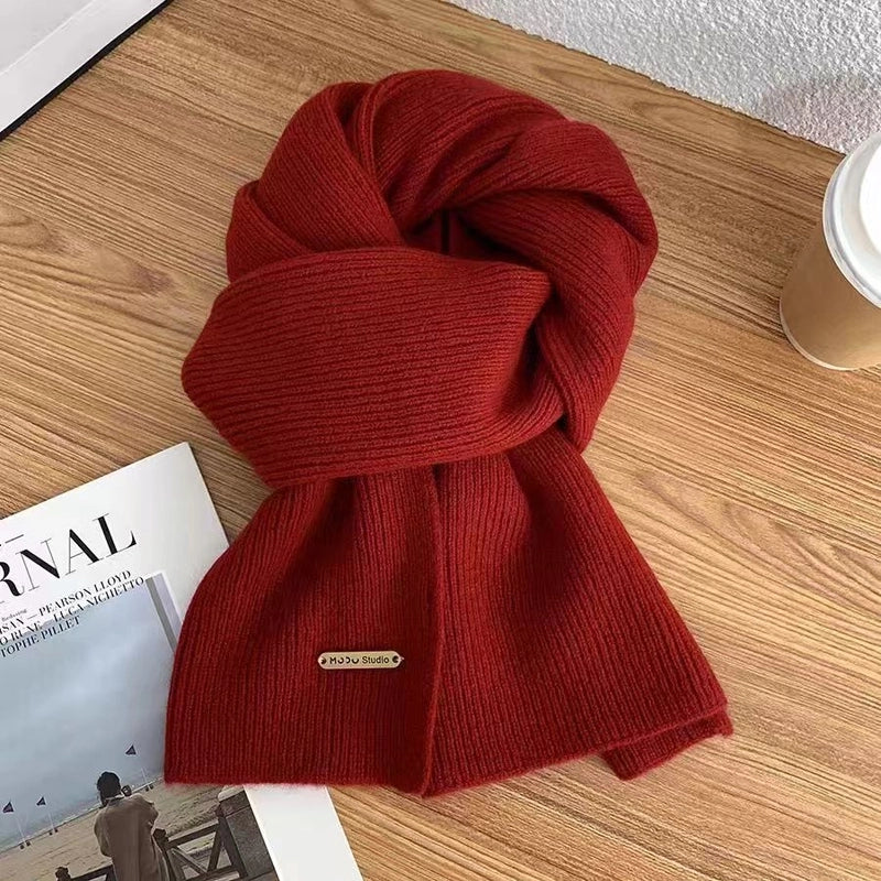 Scarf Women's Winter New Wool Knitted Solid Color Small Scarf Trendy Thickened Warm Long Scarf