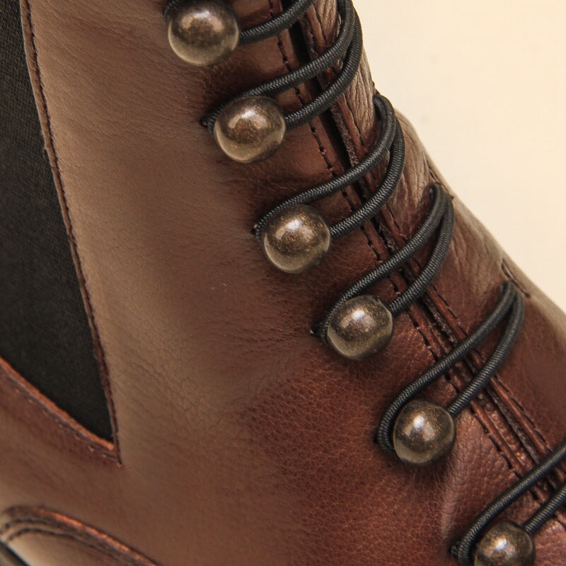 Ankle Boots Women Calfskin Round Toe Side Zip Lace-Up Retro Winter Ladies Motorcycle Shoes Handmade