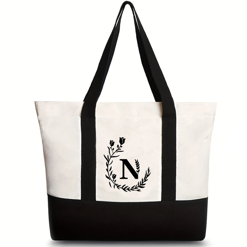 Women's Medium Canvas Letter Flower Classic Style Square Zipper Shoulder Bag