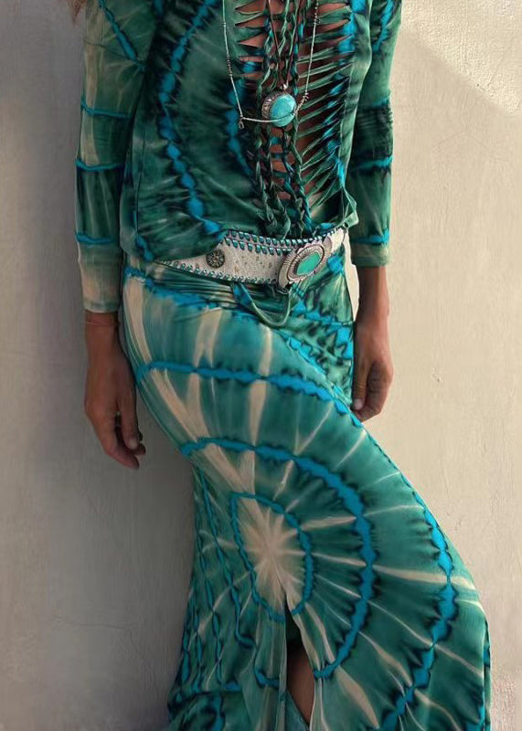 Green Print Side Open High Waist Cotton Skirts Fall