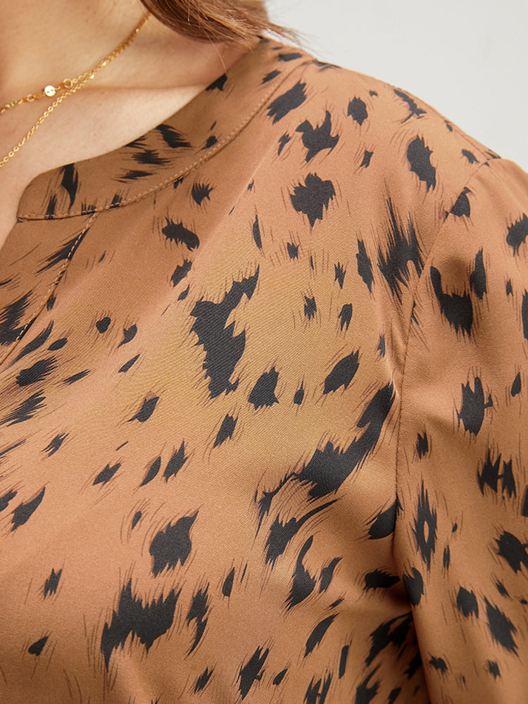 Leopard Print Button Up Split Hem V Neck Blouse