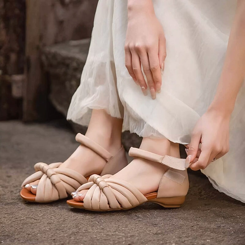 Handmade Leather Woven Peep Toe Roman Sandals with Velcro Strap in Green/Apricot