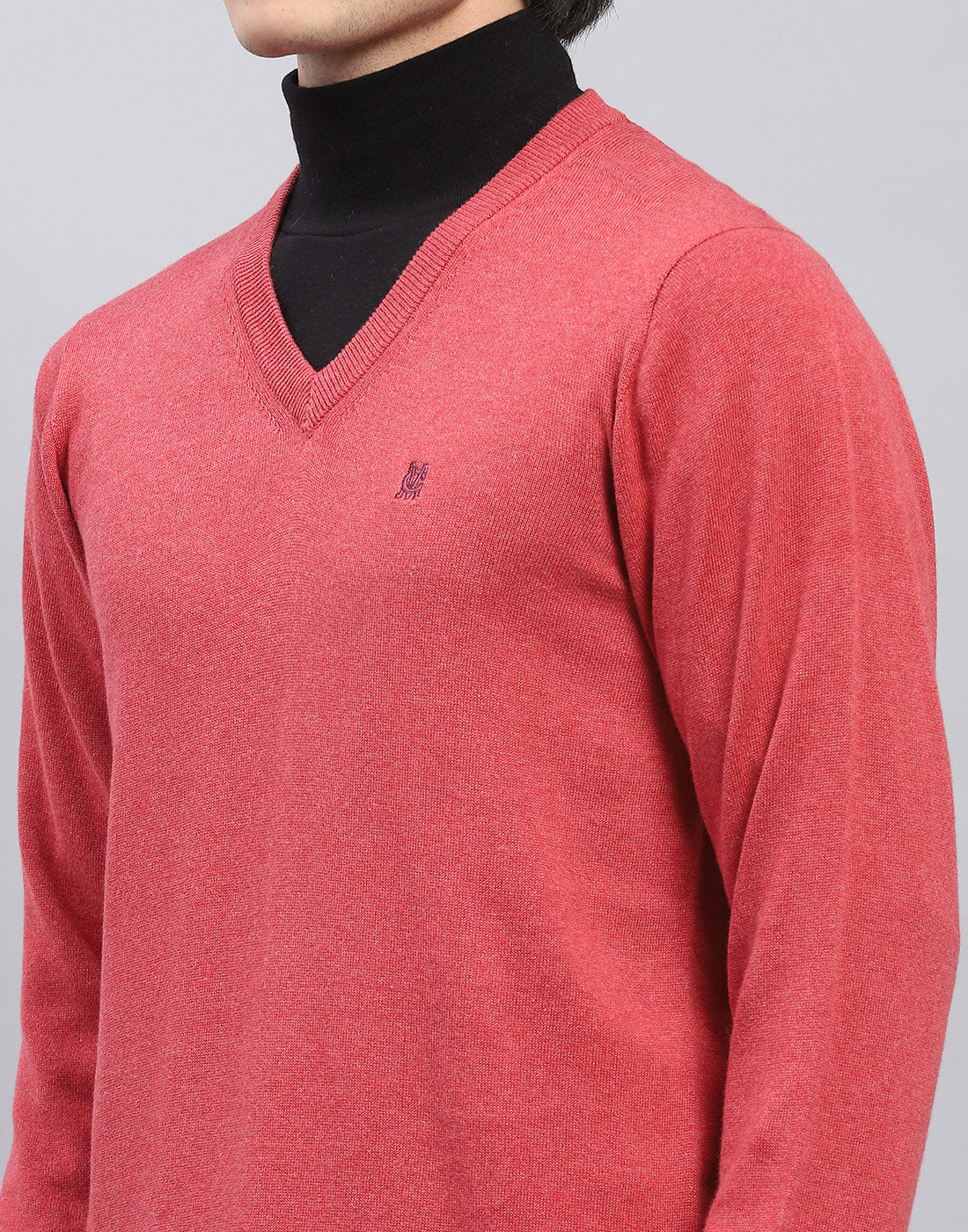 Men Pink Solid V Neck Full Sleeve Pullover