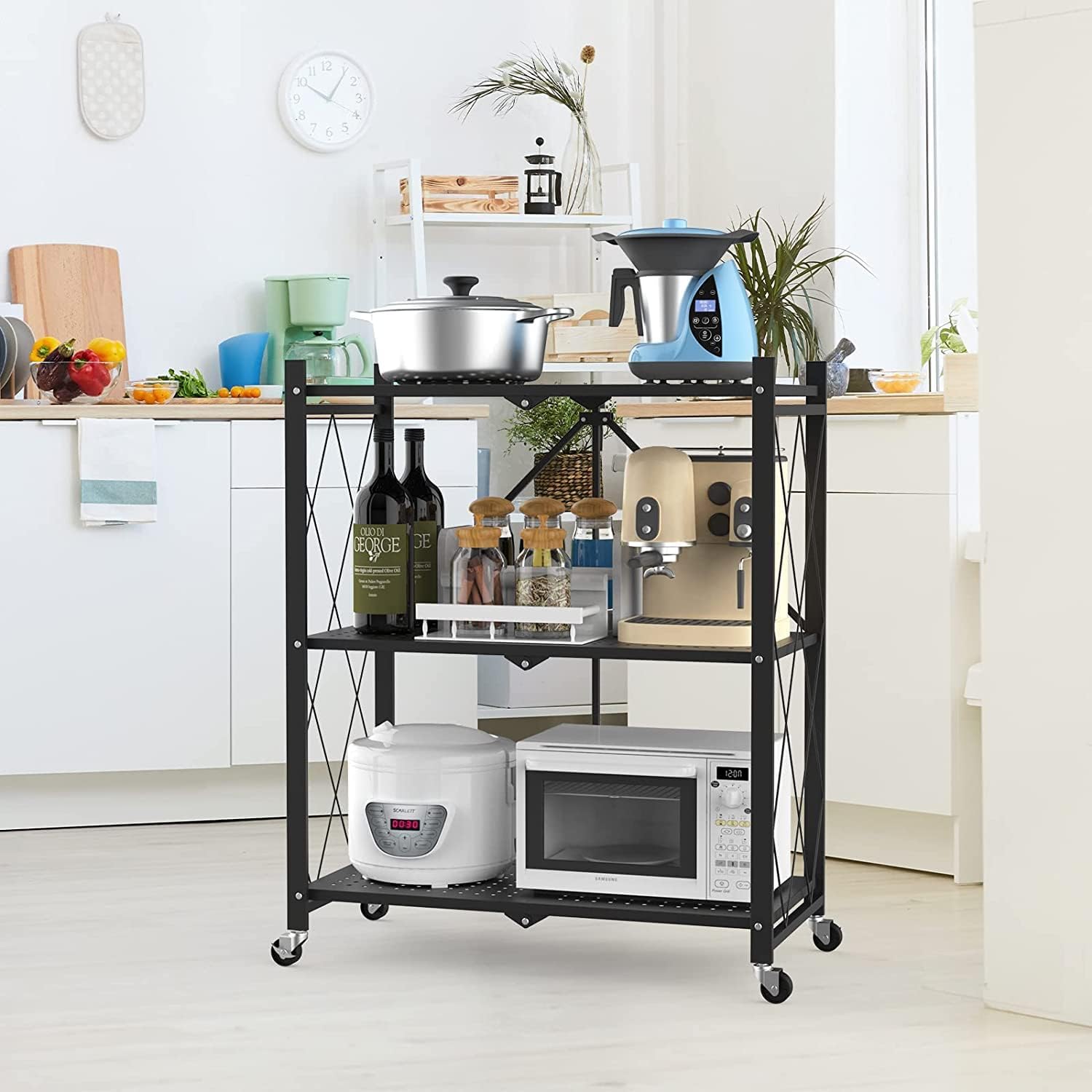 3 Layer Foldable Trolley Rack. Foldable Kitchen Storage Rack 3 Tier