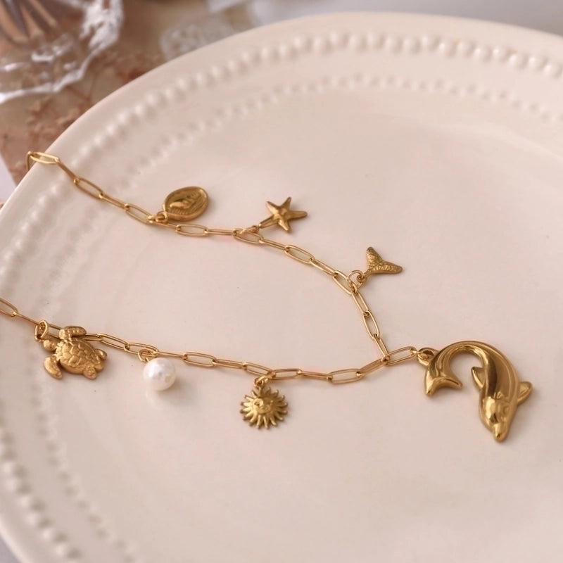 Marine Style Minimalist Starfish Dolphin Shell 201 Stainless Steel 304 Stainless Steel 18K Gold Plated Pendant Necklace