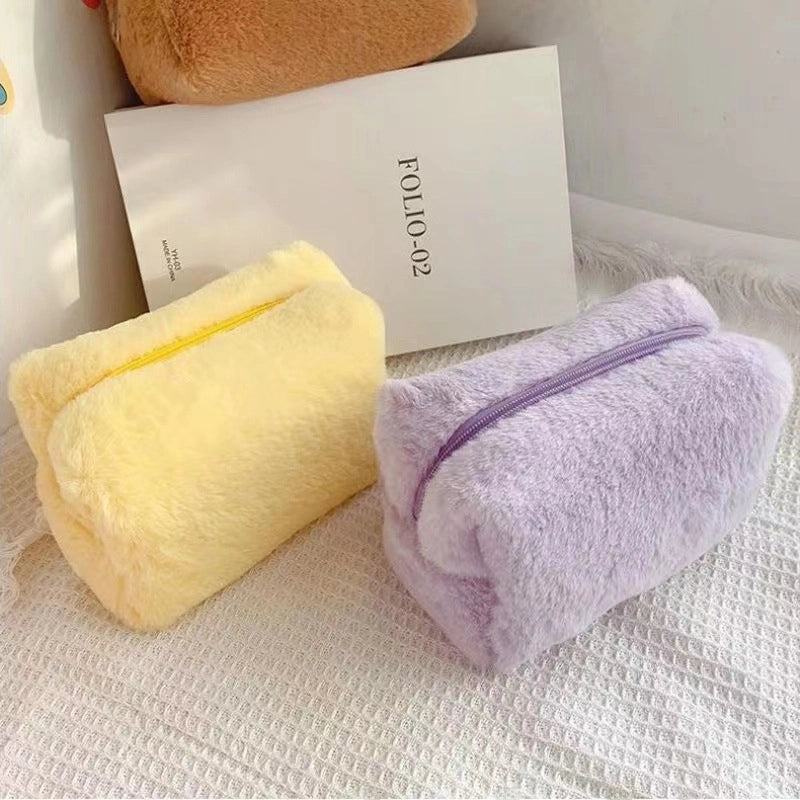 Plush Cosmetic Bag Macaron Color Sweet Large Capacity Storage Bag High Color Value Bag