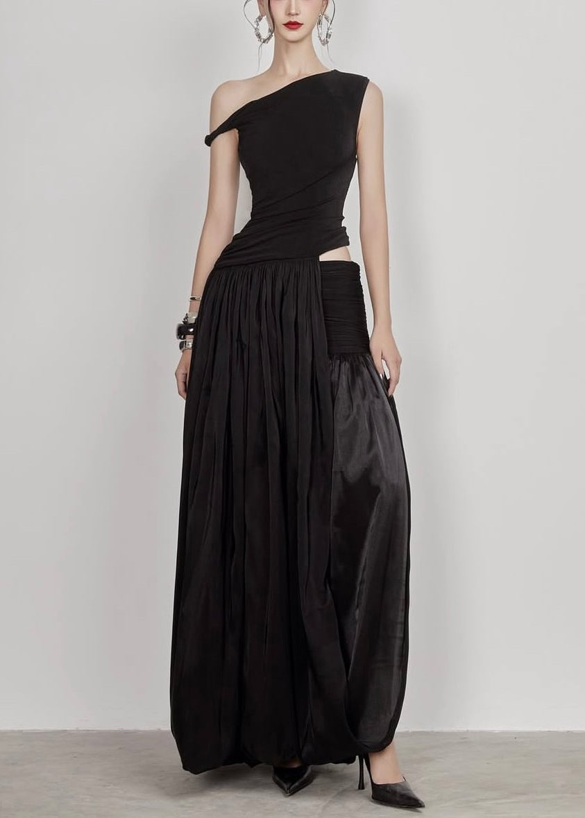Black Side Open Solid Cotton Long Dress Cold Shoulder Sleeveless