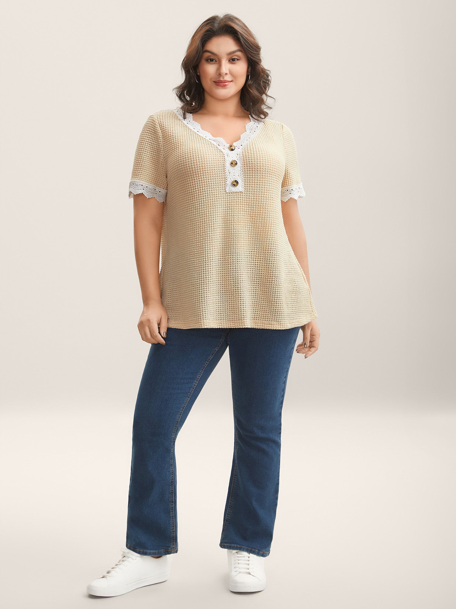 Sheer Waffle Textured Lace Trim T-Shirt