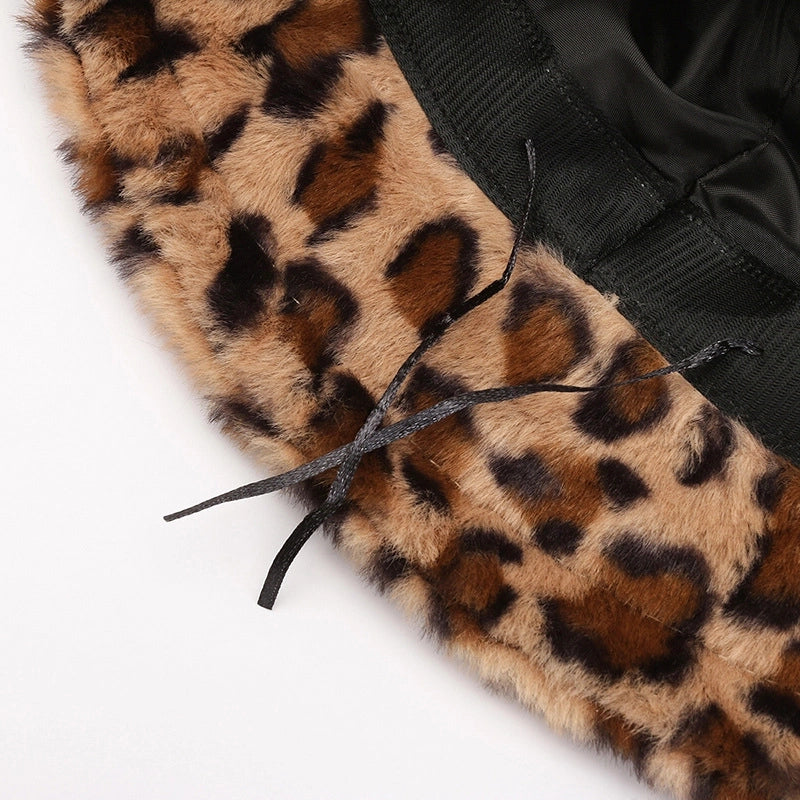 Hat Women's Winter Face-looking Leopard Print Fisherman Hat Women's Warm Basin Hat Plush Bucket Hat
