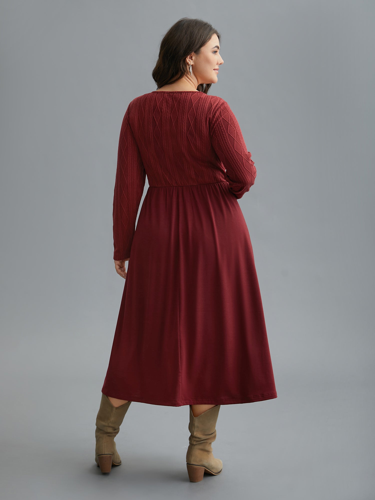 Cable Knit Round Neck Elastic Waist Midi Dress