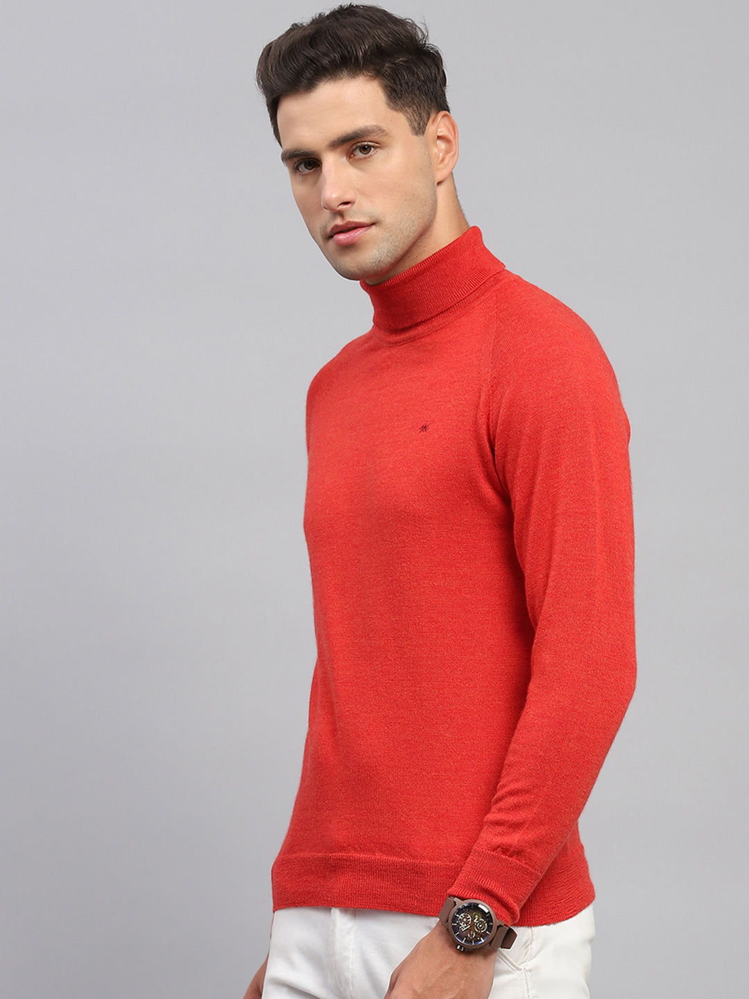 Men Red Solid Turtle Neck Full Sleeve Pullover