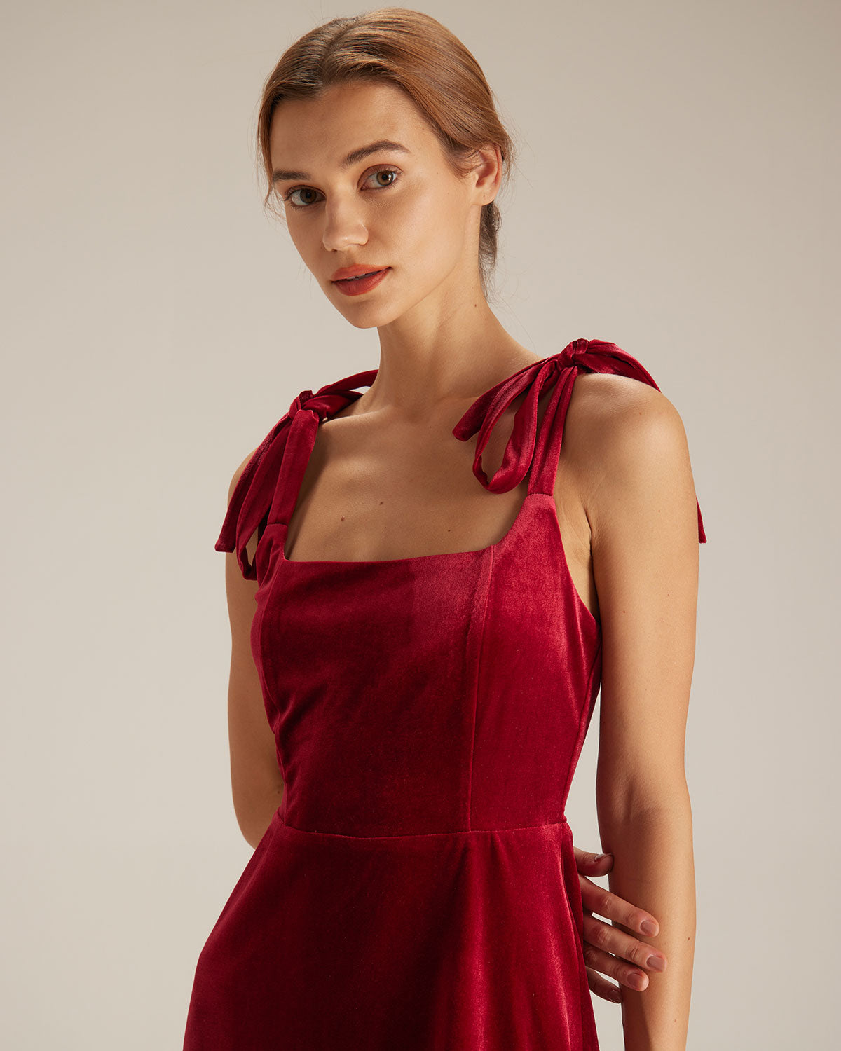 The Red Tie Shoulder Velvet A-Line Mini Dress