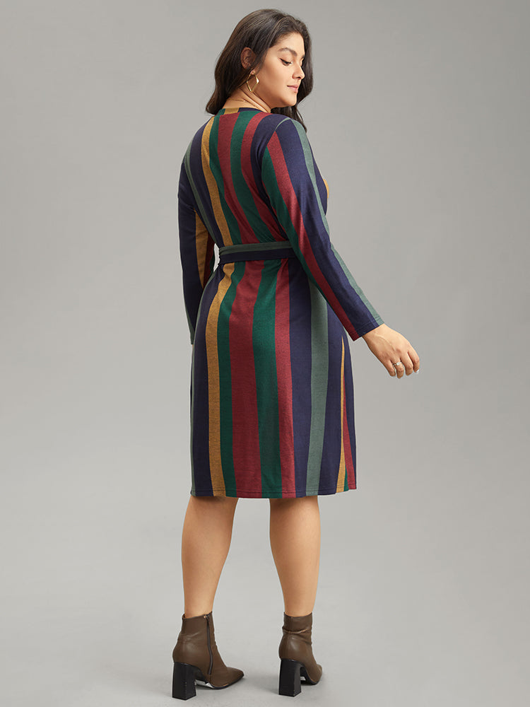 Colored Striped Pocket Belted Long Sleeve Dress