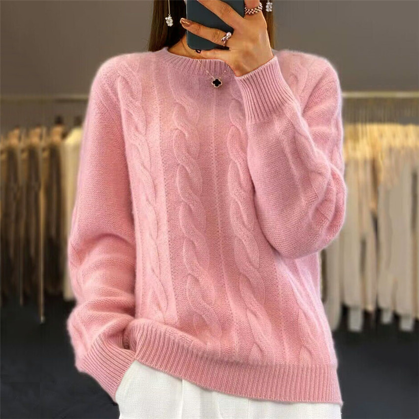 Retro Twist Crew Neck Solid Color Sweater