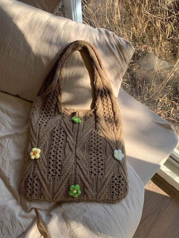 Women's Medium Knit Solid Color Flower Basic Vintage Style Weave Square Open Shoulder Bag