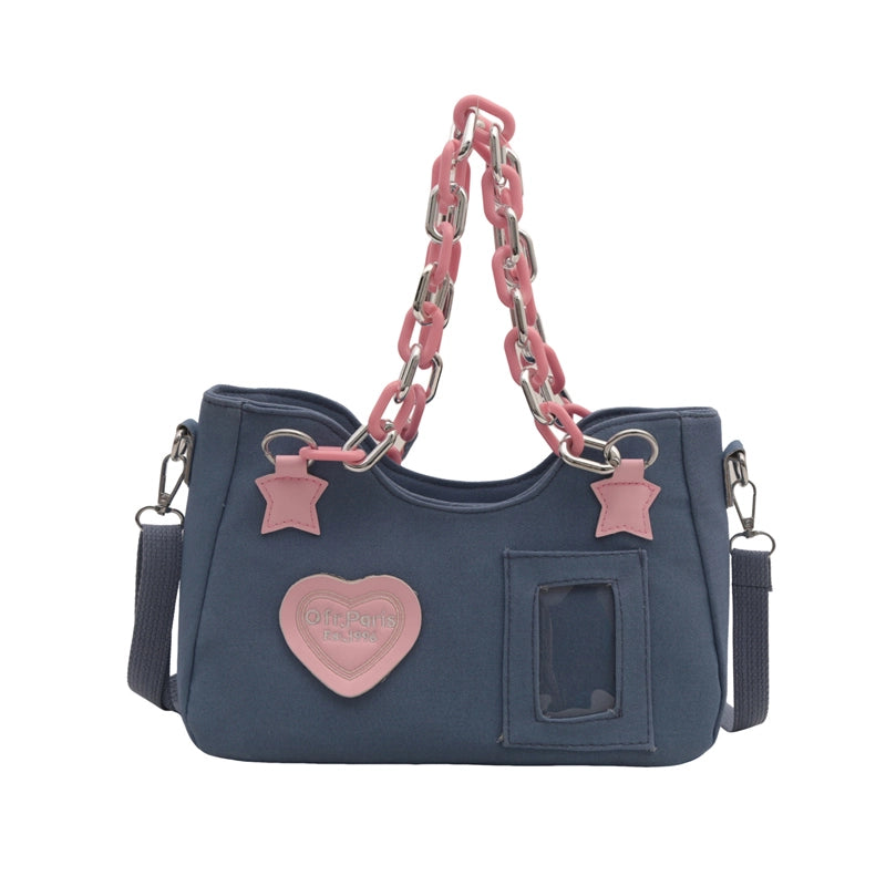 3 Pieces Women'S Canvas Letter Color Block Heart Shape Streetwear Chain Square Zipper Shoulder Bag Crossbody Bag