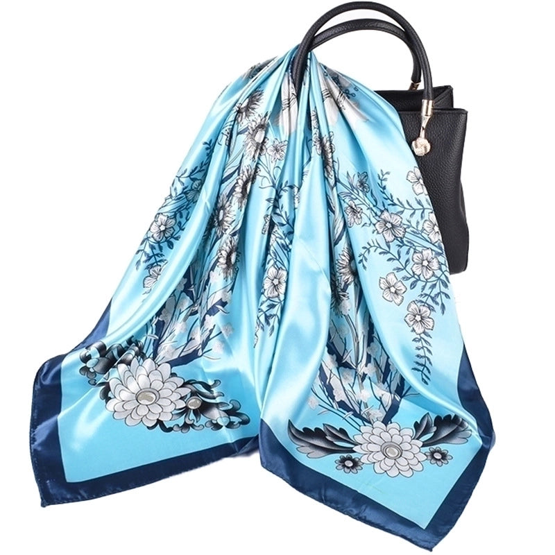 Women's Lady Flower Satin Printing Silk Scarf