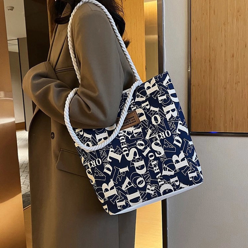 Women's Large Canvas Letter Streetwear Square Zipper Tote Bag