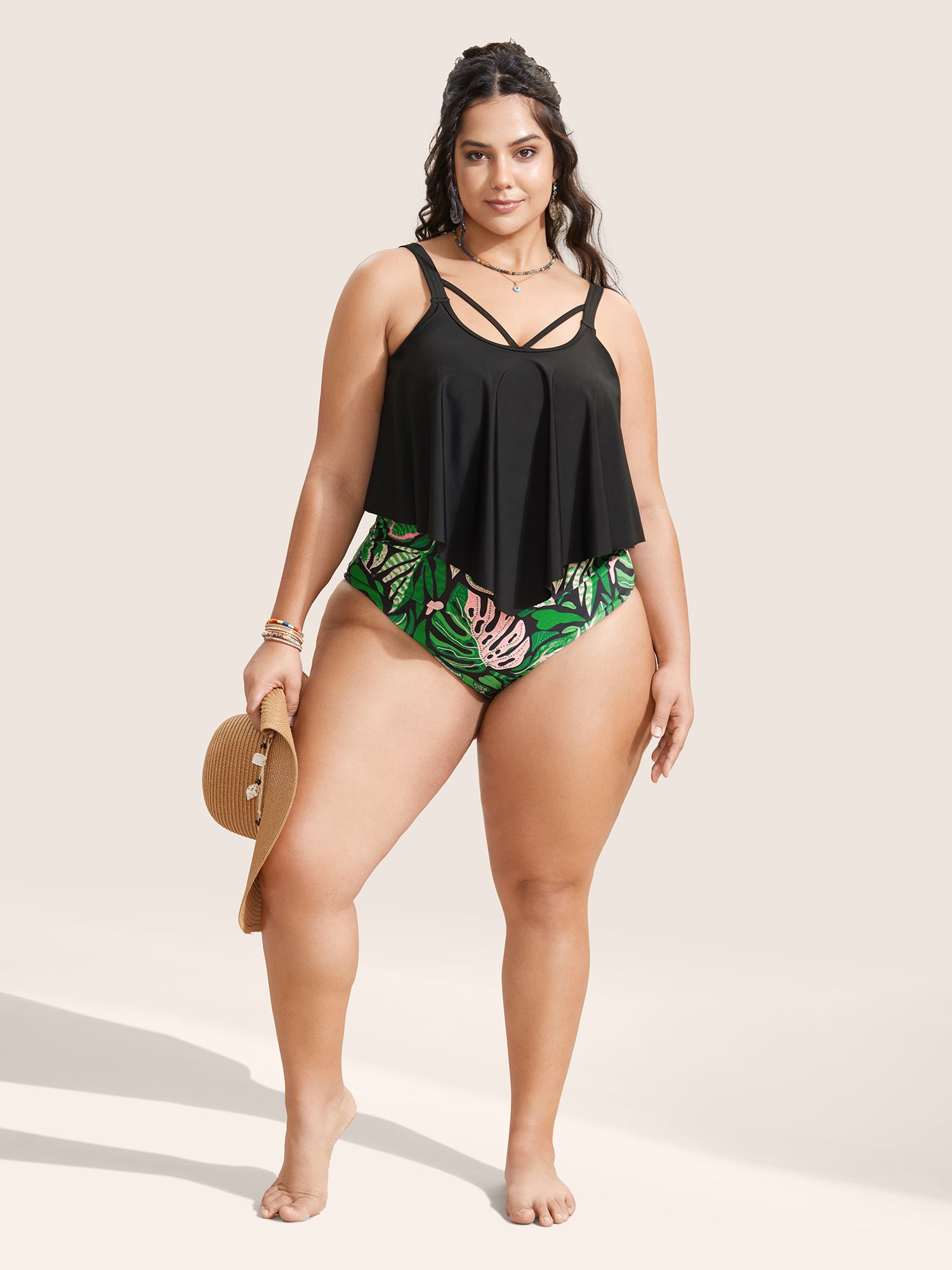 Tropical Print Patchwork Crisscross One Piece Swimsuit