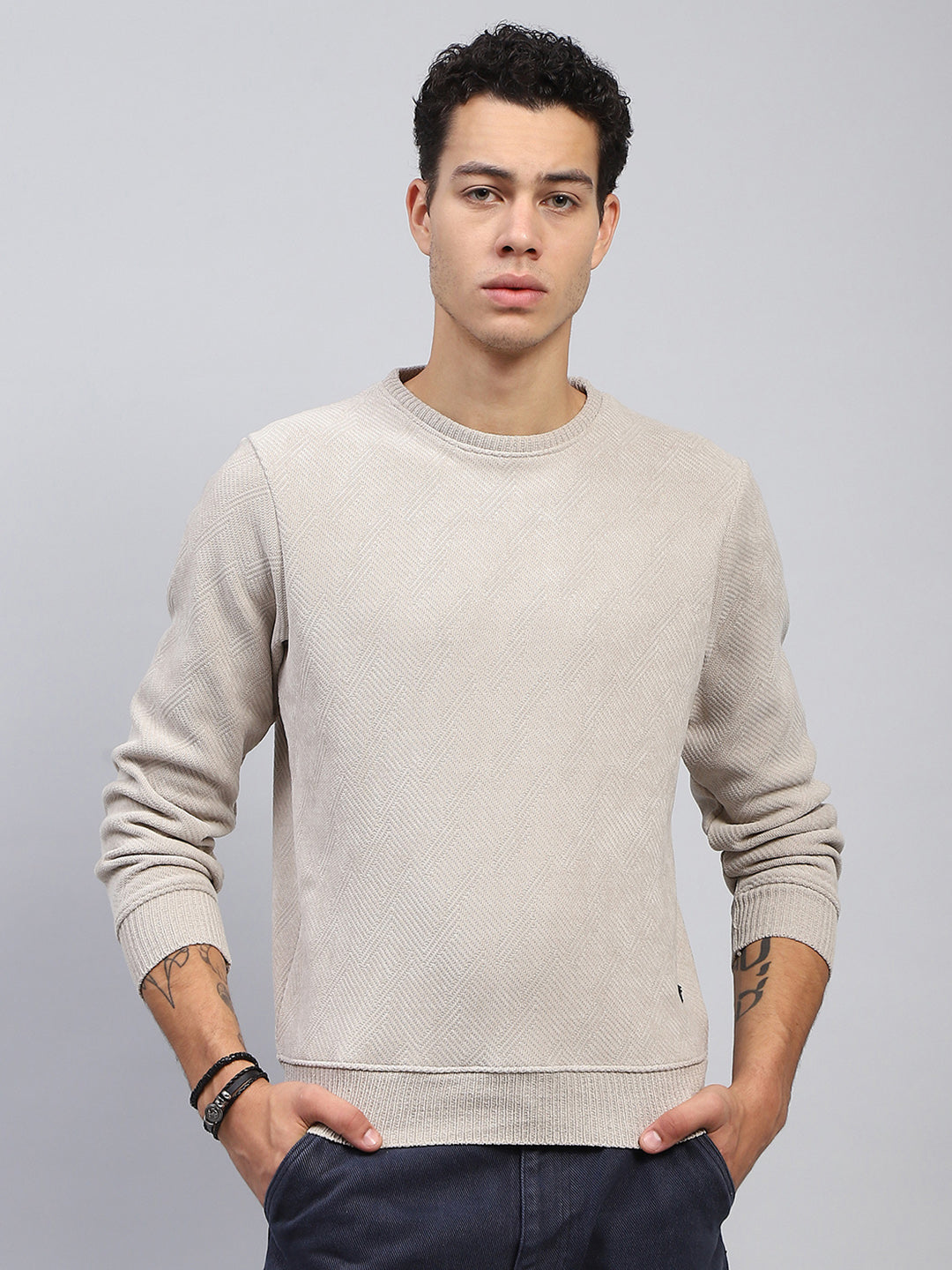 Men Beige Self Design Round Neck Full Sleeve Sweatshirt