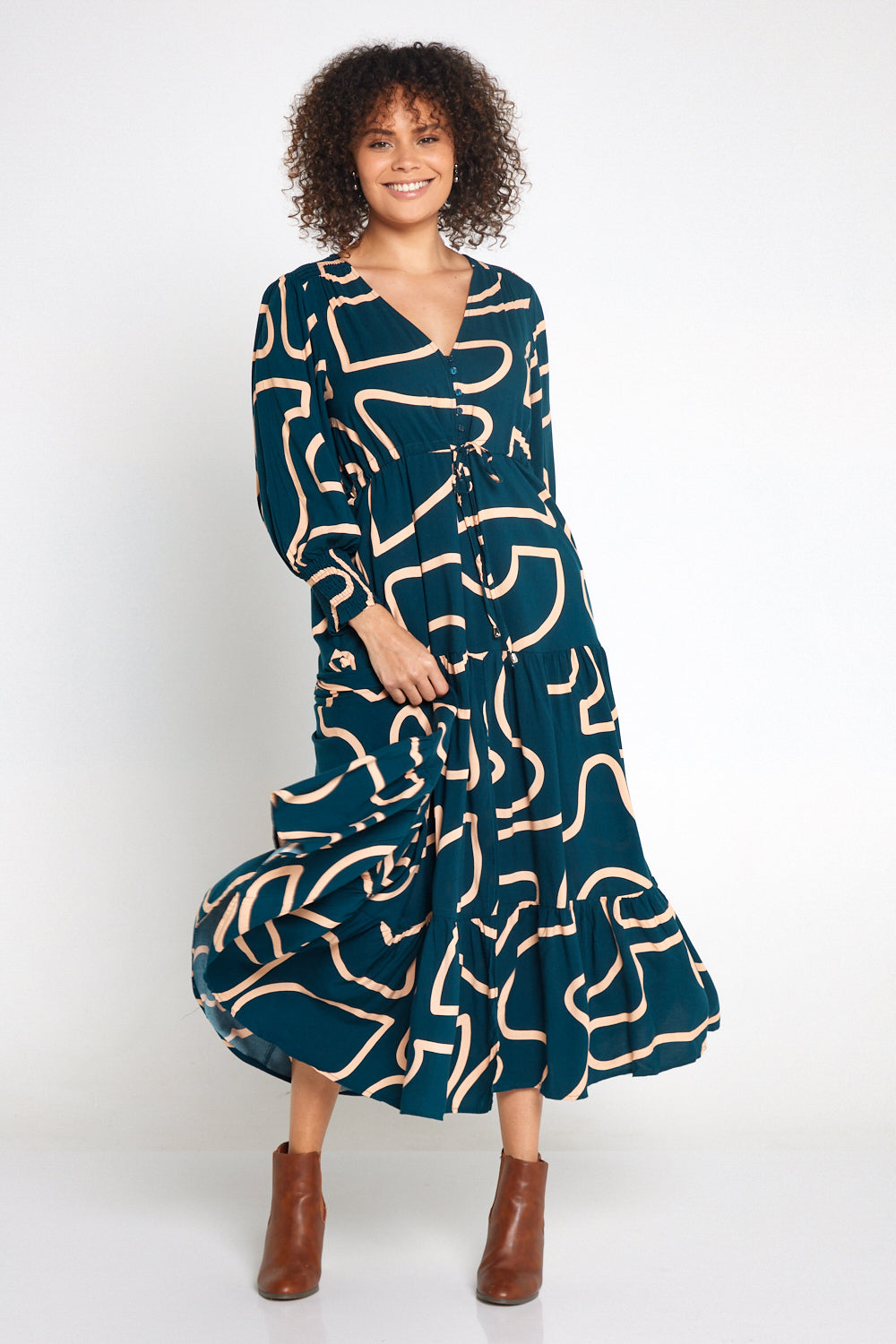 Makena Long Sleeve Maxi - Teal/Beige