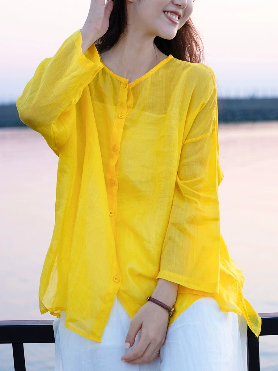 Women Summer Vintage Pure Color O-Neck 100%Ramie Shirt