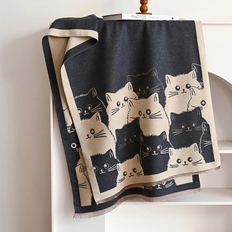Women's Cute Streetwear Cartoon Cat Cotton Polyester Scarf